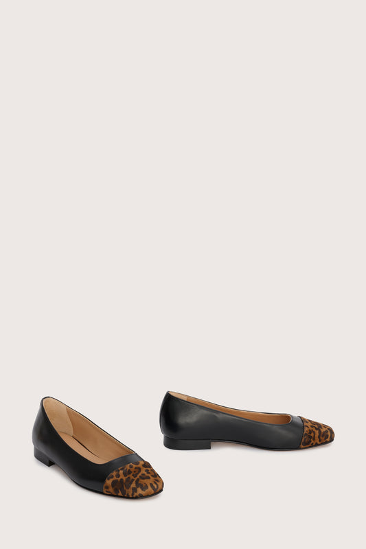 black leather pumps with animal print suede toe cap  side view