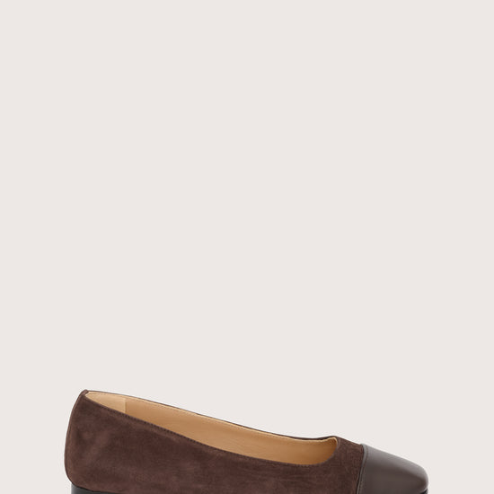 chocolate brown suede pumps with brown leather toe cap 