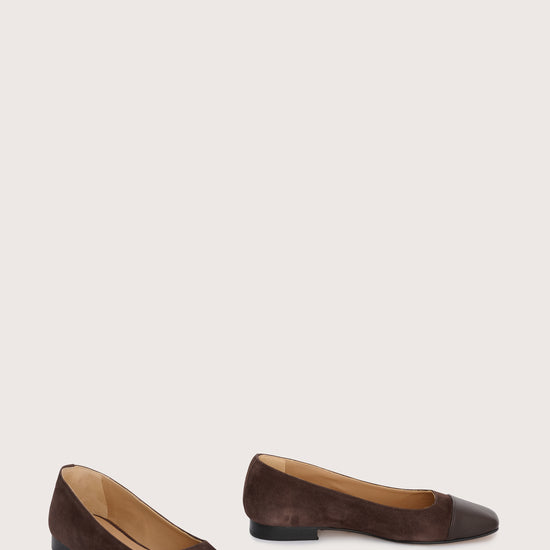 chocolate brown suede pumps with brown leather toe cap  side view