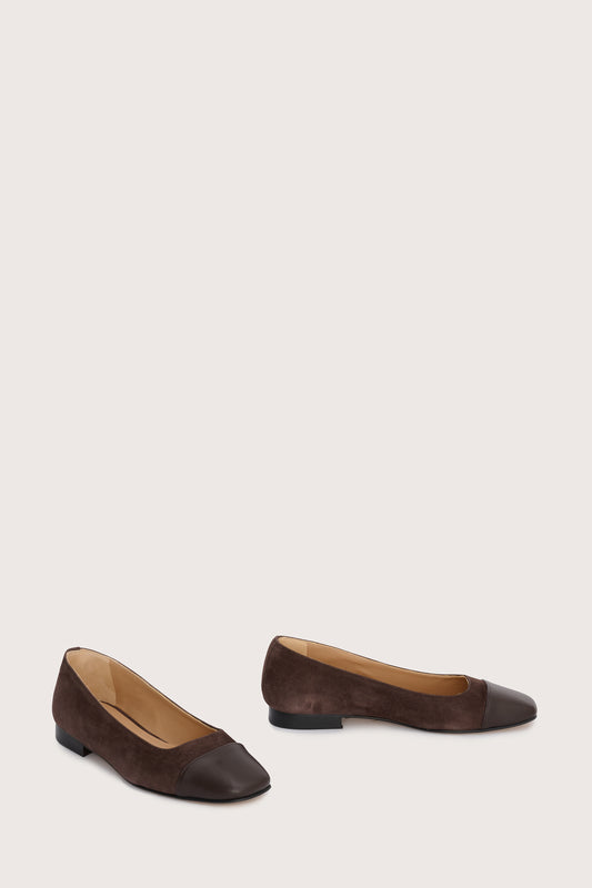 chocolate brown suede pumps with brown leather toe cap  side view