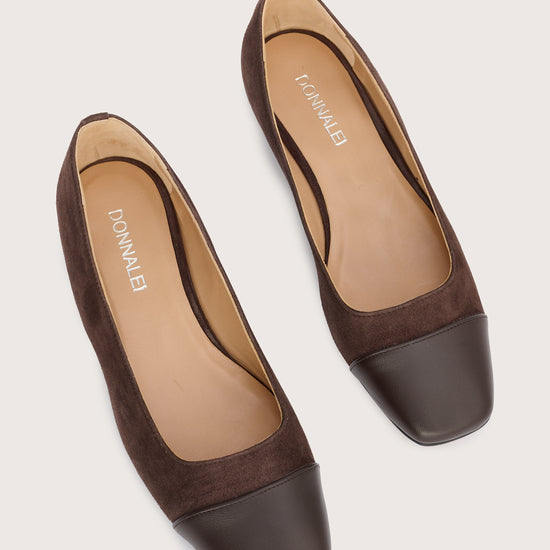 chocolate brown suede pumps with brown leather toe cap  birds eye view