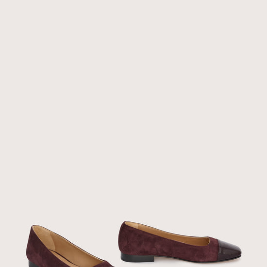 burgundy suede pumps with patent burgundy leather toe cap side view