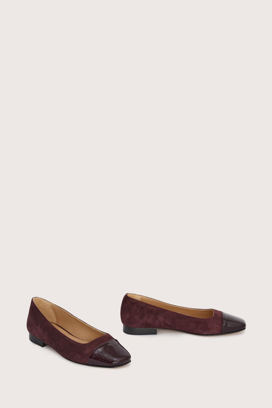 burgundy suede pumps with patent burgundy leather toe cap side view