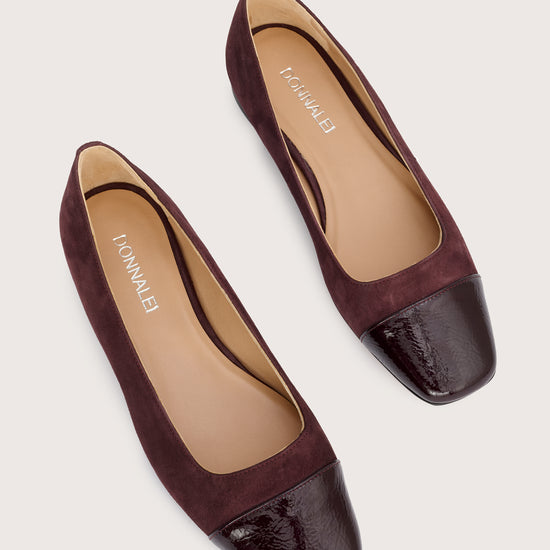 burgundy suede pumps with patent burgundy leather toe cap  birds eye view