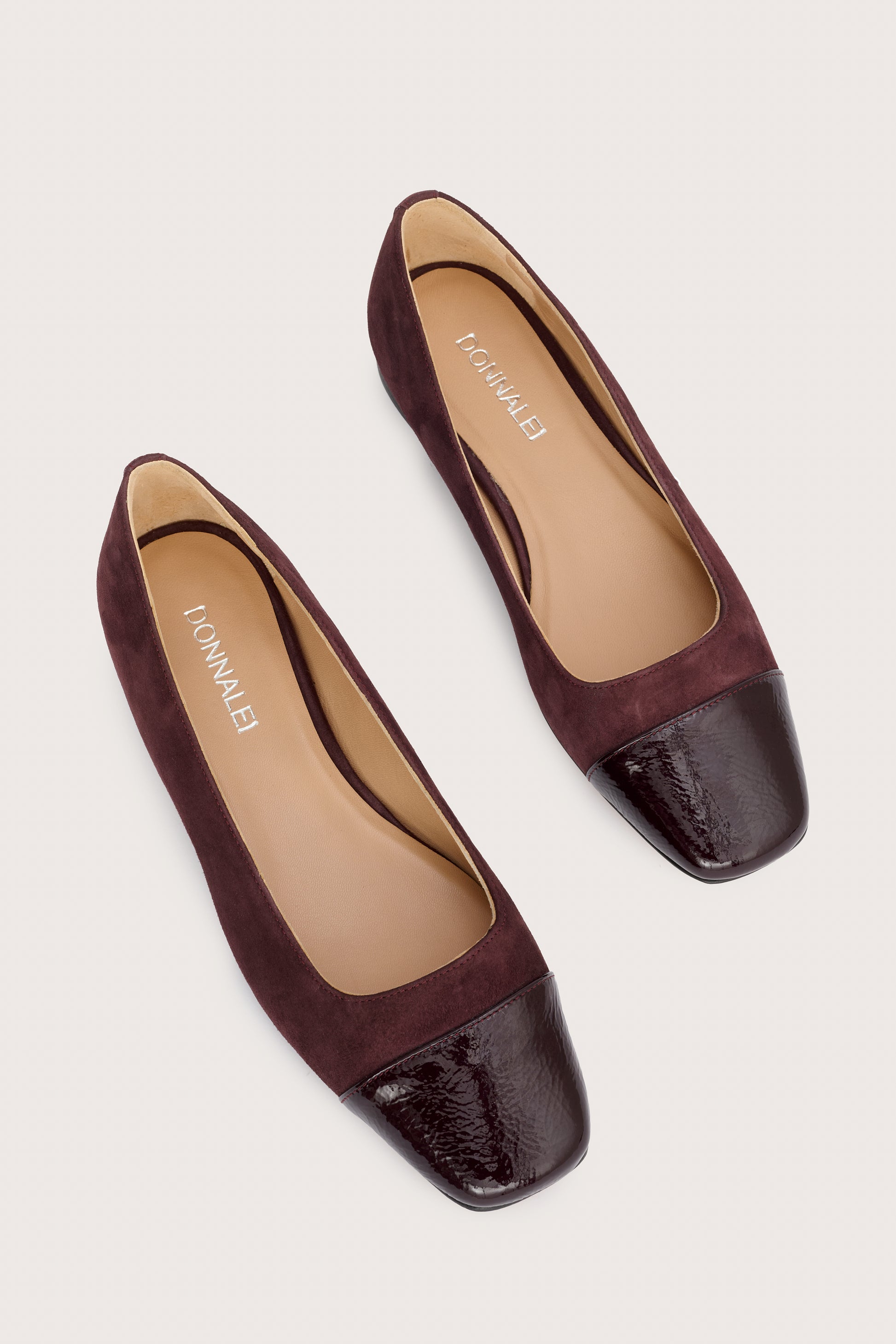 burgundy suede pumps with patent burgundy leather toe cap  birds eye view