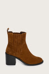 tan suede ankle boot with chunky black heel and elasticated tabs either side 