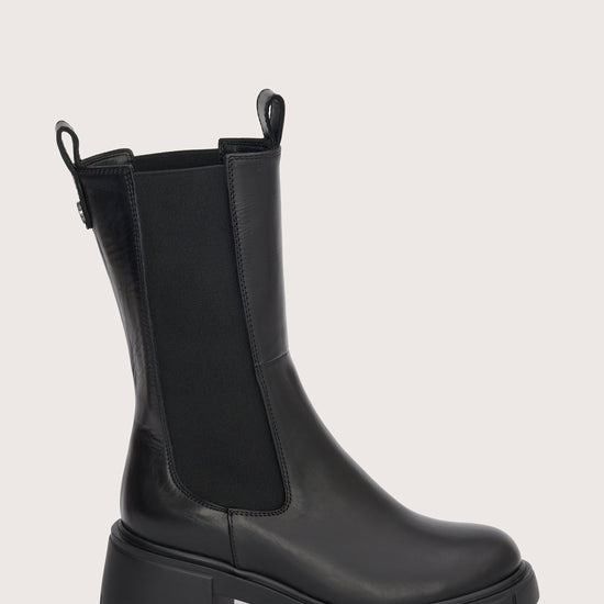 mid calf black chunky boot with elasticated side panels