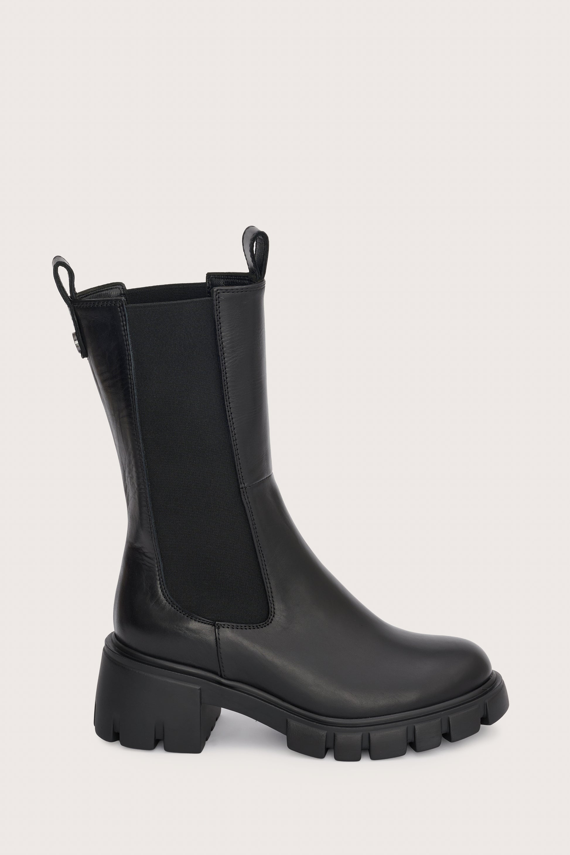 mid calf black chunky boot with elasticated side panels