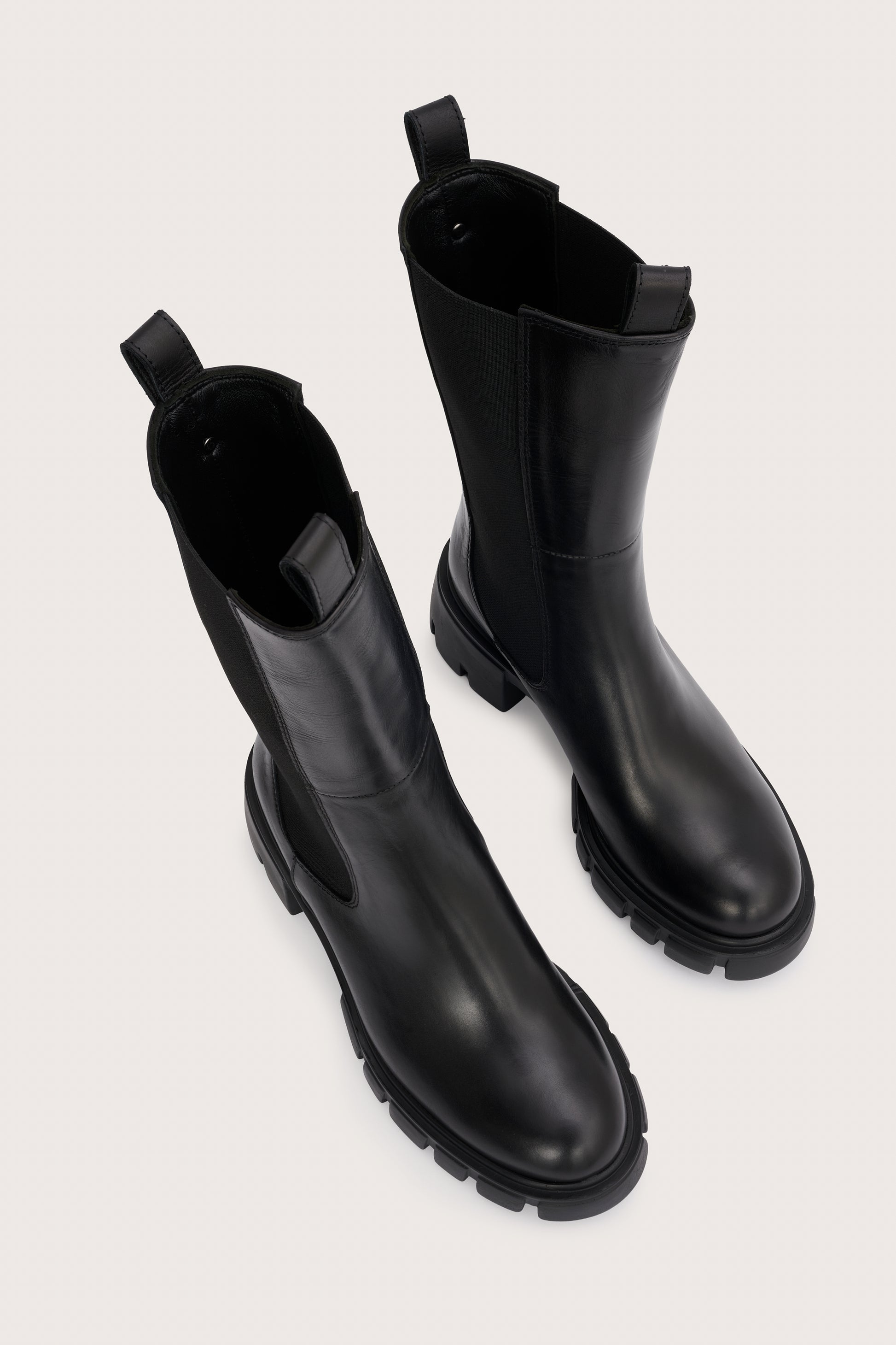 mid calf black chunky boot with elasticated side panels birds eye view