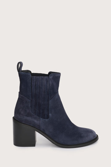navy blue suede ankle boots with chunky black heel and elasticated tabs either side