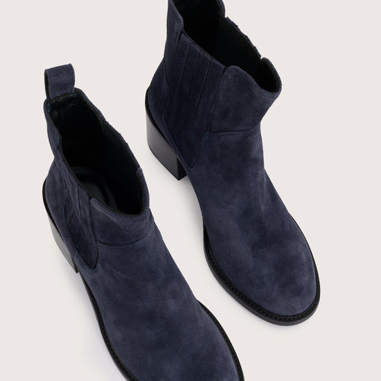 navy blue suede ankle boots with chunky black heel and elasticated tabs either side birds eye view