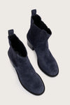 navy blue suede ankle boots with chunky black heel and elasticated tabs either side birds eye view