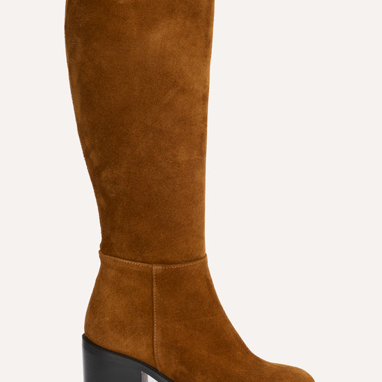 tan suede knee high boots with chunky mid black heel