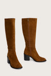 tan suede knee high boots with chunky mid black heel side view 
