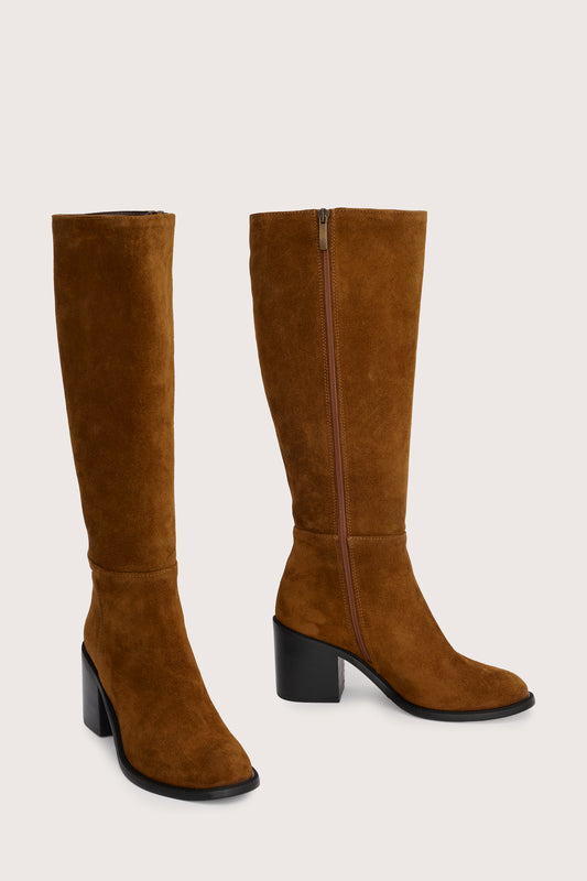 tan suede knee high boots with chunky mid black heel side view 