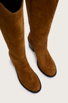 tan suede knee high boots with chunky mid black heel birds eye view 