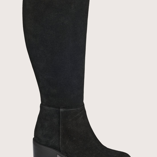 black suede high boots with chunky black heel and side zip