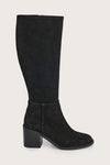 black suede high boots with chunky black heel and side zip