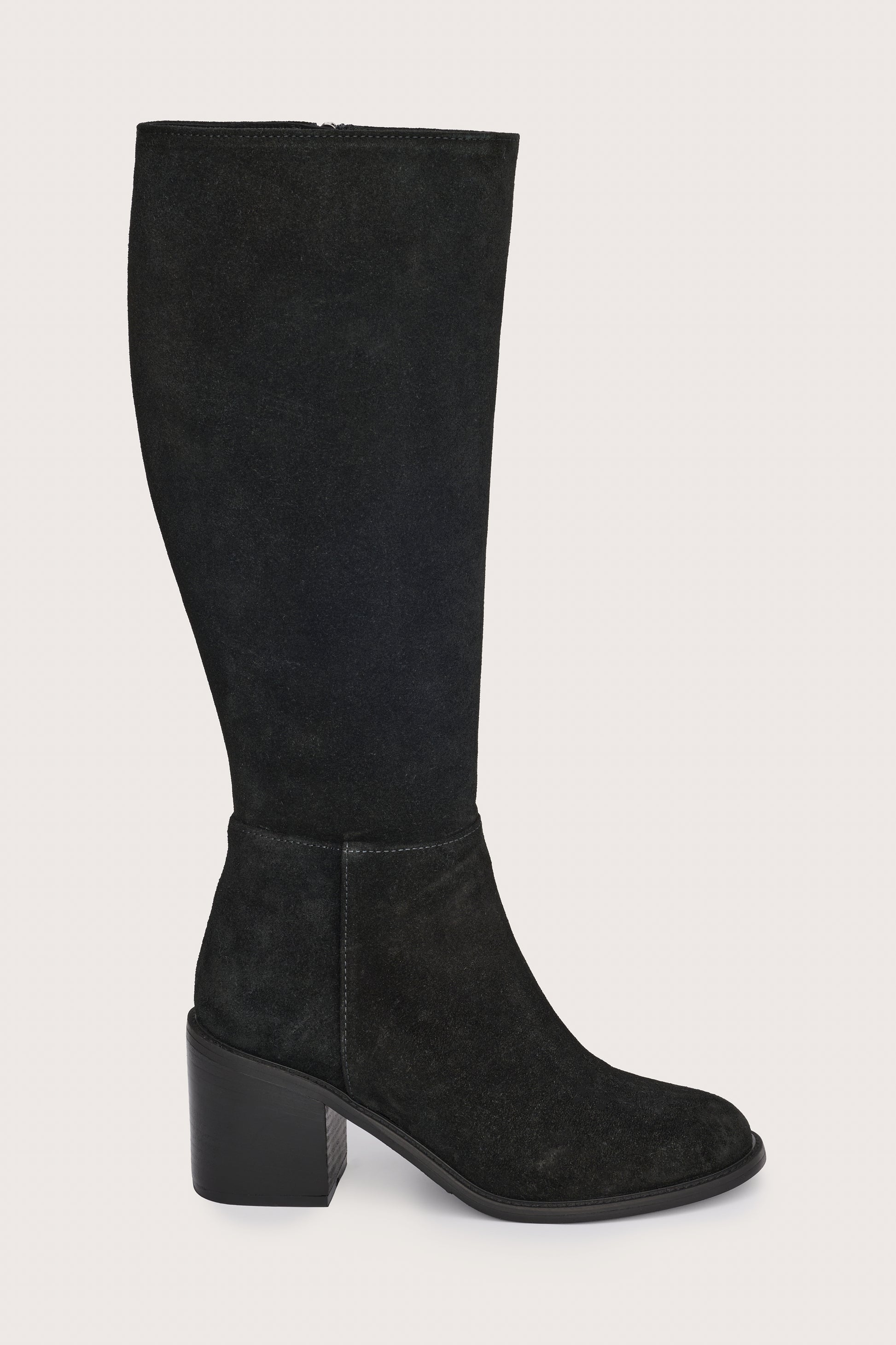black suede high boots with chunky black heel and side zip