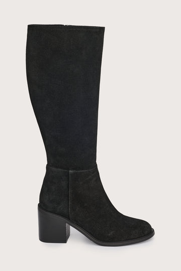 black suede high boots with chunky black heel and side zip