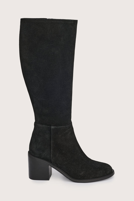 black suede high boots with chunky black heel and side zip