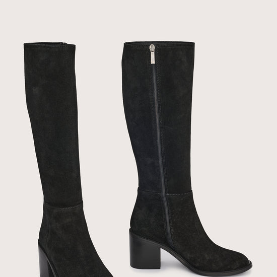 black suede high boots with chunky black heel and side zip side view