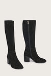 black suede high boots with chunky black heel and side zip side view