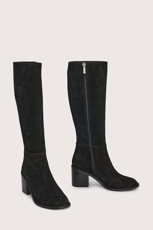 black suede high boots with chunky black heel and side zip side view