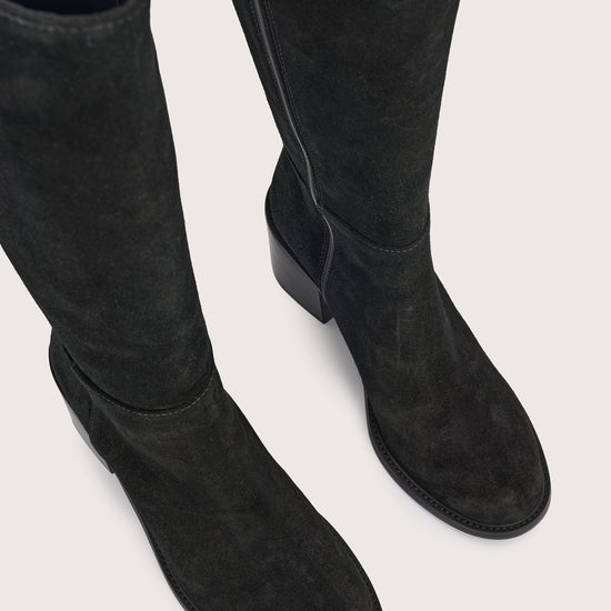 black suede high boots with chunky black heel and side zip birds eye view