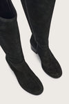 black suede high boots with chunky black heel and side zip birds eye view