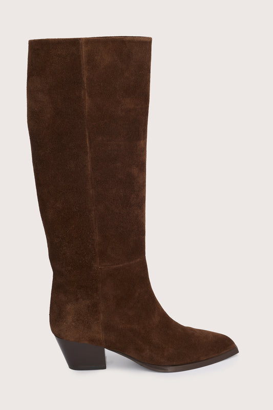 chocolate brown suede cowboy boots with black heel