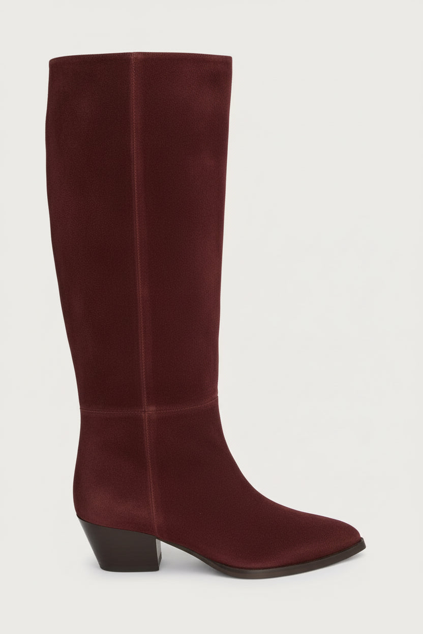 Maroon suede knee-high boot on a white background