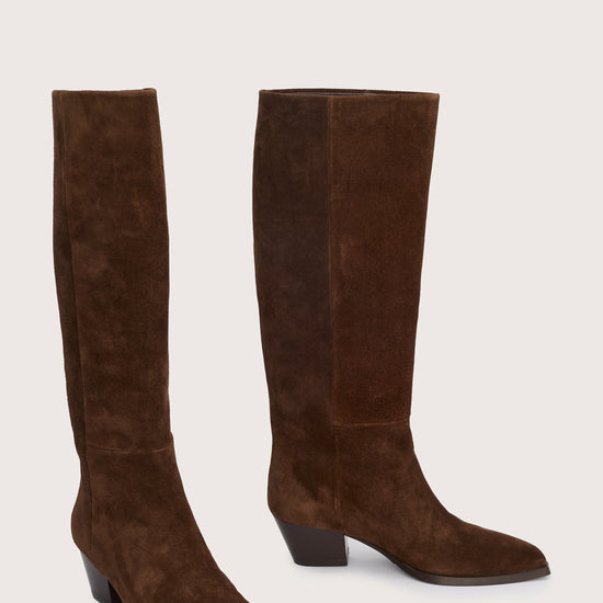 chocolate brown suede cowboy boots with black heel side view