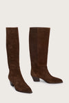 chocolate brown suede cowboy boots with black heel side view