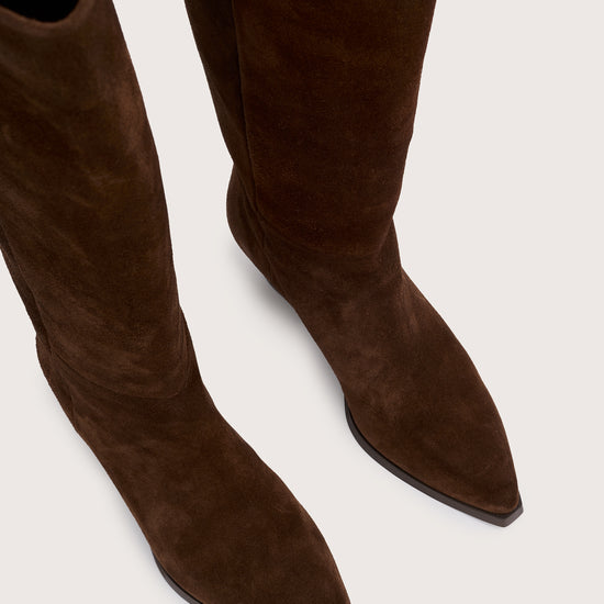 chocolate brown suede cowboy boots with black heel birds eye view