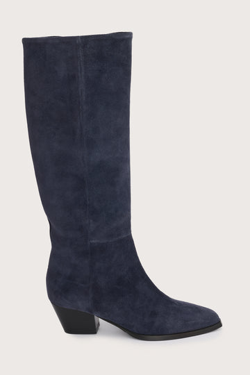 Navy blue suede cowboy boots with black heel from donna lei
