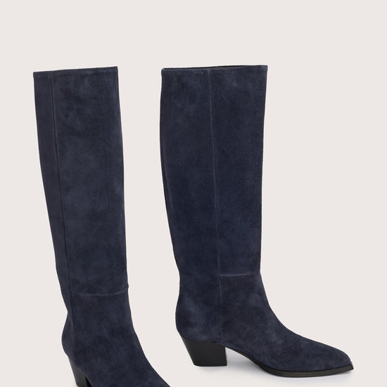 Navy blue suede cowboy boots with black heel from donna lei side view