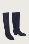Navy blue suede cowboy boots with black heel from donna lei side view