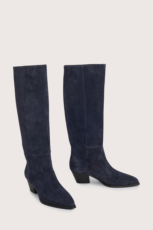 Navy blue suede cowboy boots with black heel from donna lei side view