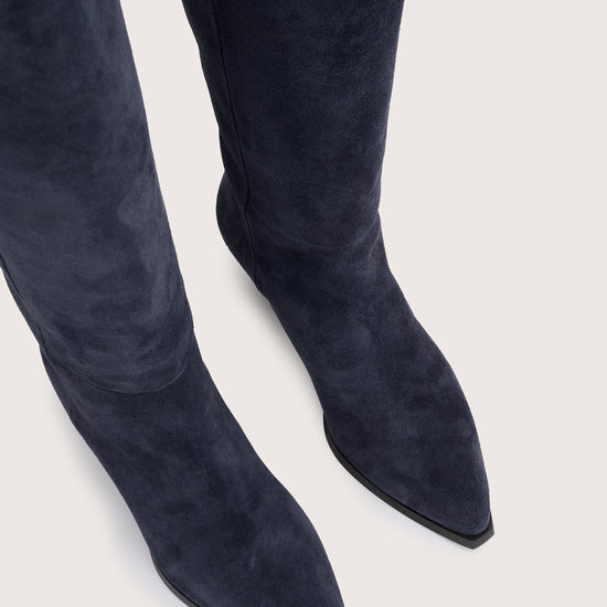 Navy blue suede cowboy boots with black heel from donna lei birds eye view