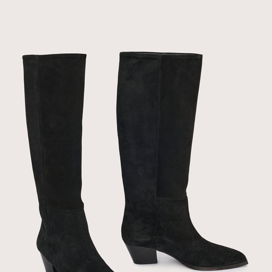 black suede cowboy boots with black heel side view