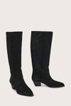 black suede cowboy boots with black heel side view