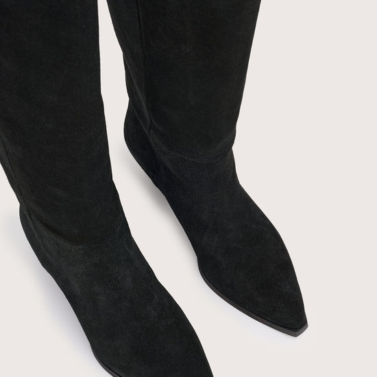 black suede cowboy boots with black heel birds eye view