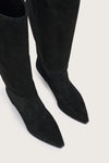 black suede cowboy boots with black heel birds eye view