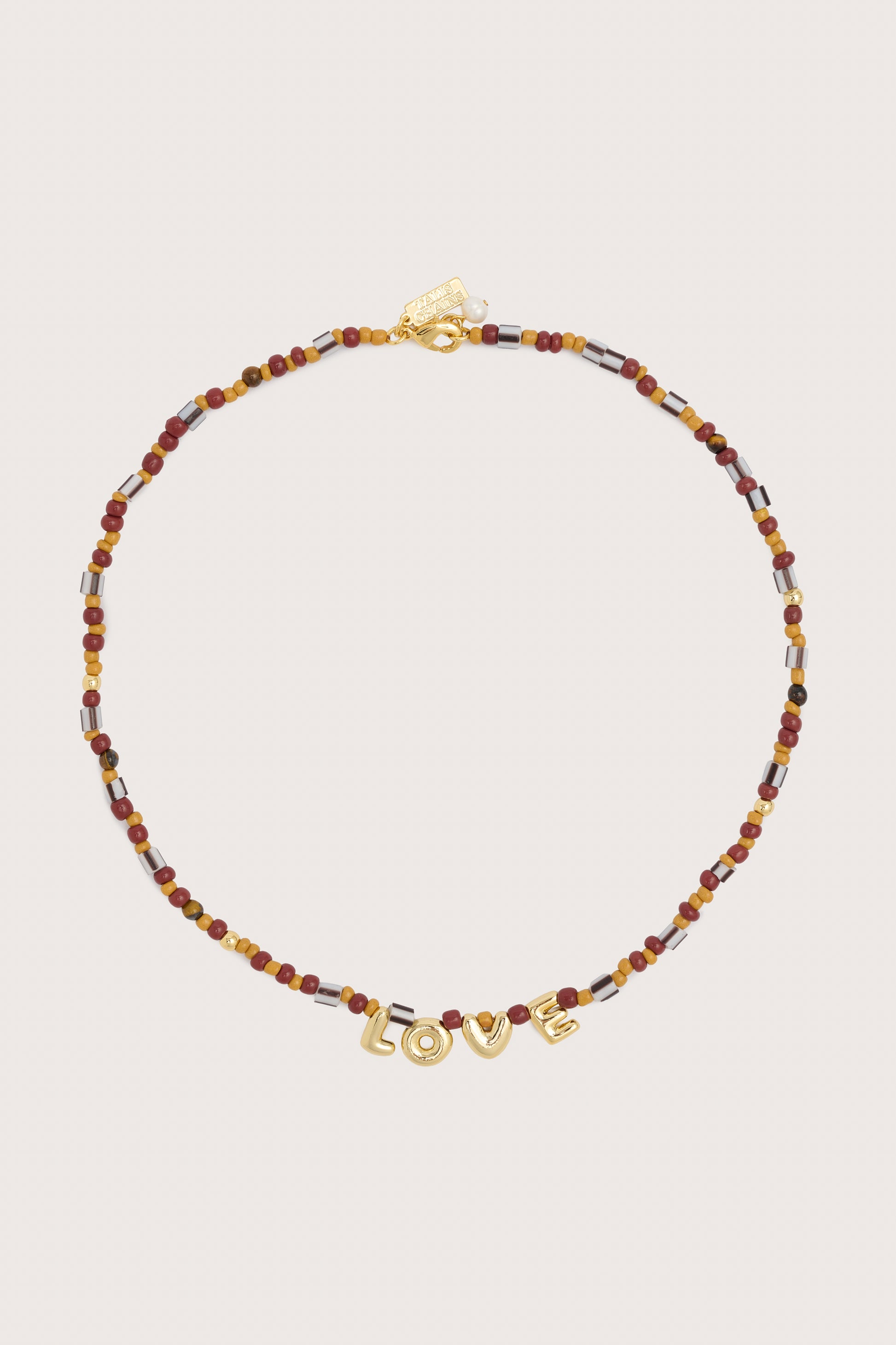 brown multi beaded choker necklace with gold love charms in the centre
