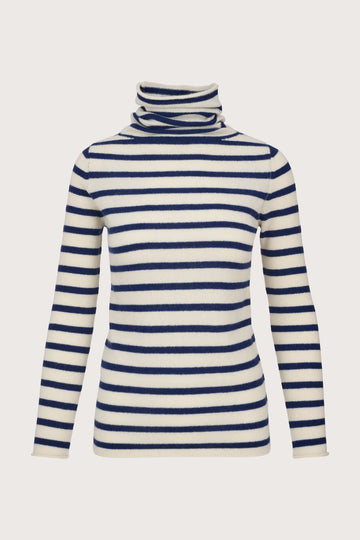 cream and navy blue stripe roll neck cashmere jumper