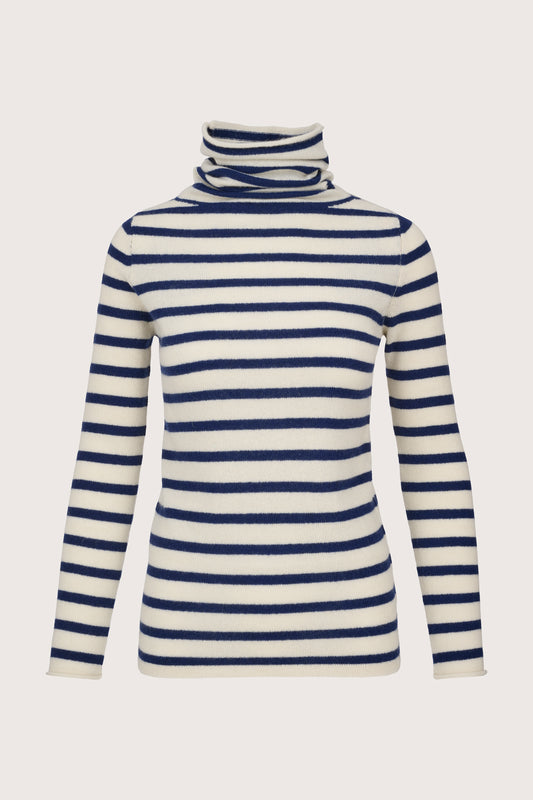 cream and navy blue stripe roll neck cashmere jumper