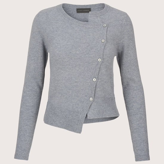 grey crew neck ribbed cashmere cardigan with asymmetric placket