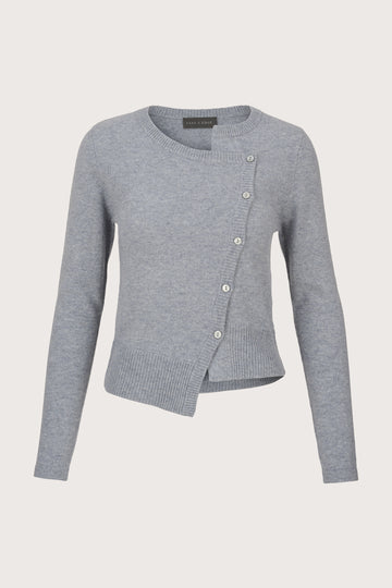 grey crew neck ribbed cashmere cardigan with asymmetric placket