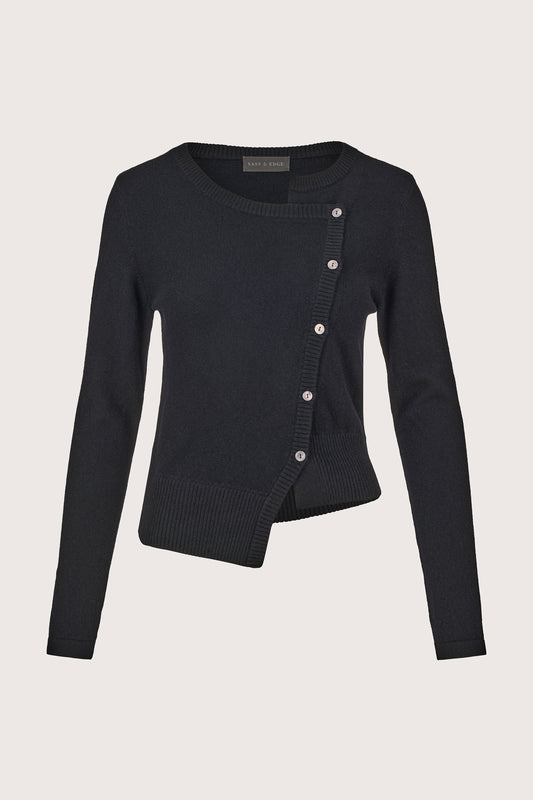 black ribbed cashmere crew neck cardigan with asymmetrical placket 
